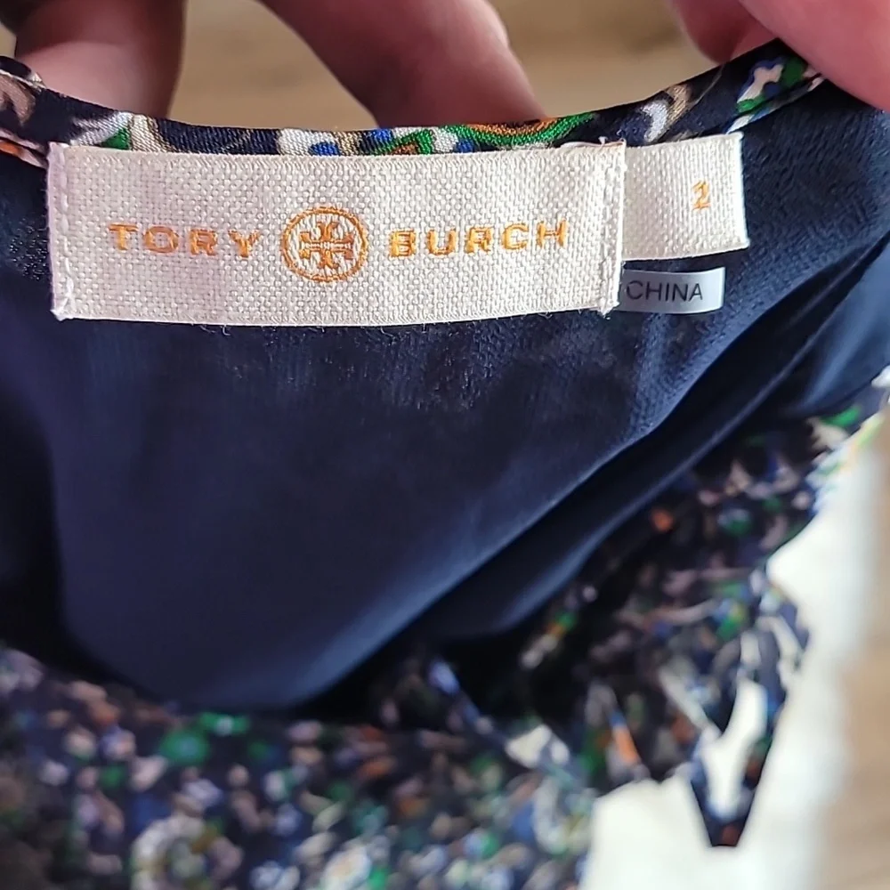 Tory Burch 100% Silk Printed Ruffle Dress Green Floral Size 2 Boho